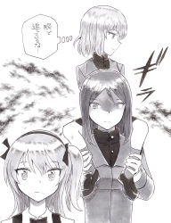 10s girls_und_panzer greyscale highres katyusha_(girls_und_panzer) monochrome nonna_(girls_und_panzer) on_shoulder shimada_arisu side_ponytail speech_bubble thought_bubble translation_request tsunamino tsunamino_yuu