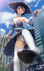 Rule 34 | 1girl, absurdres, black footwear, black hat, blue hair, blue sky, breasts, building, city, cloud, commission, destruction, detached sleeves, dress, from below, giant, giantess, hair between eyes, hat, highres, magical patissier kosaki-chan, medium breasts, nisekoi, open mouth, outdoors, panties, pantyshot, red eyes, shoes, short hair, skeb commission, skirt, sky, solo, strapless, strapless dress, tears, thighhighs, tsugumi seishirou, underwear, upskirt, welt (kinsei koutenkyoku), white panties, white thighhighs, witch hat