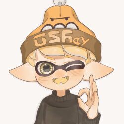 Rule 34 | 1boy, beanie, blonde hair, commentary request, hat, highres, inkling, inkling boy, inkling player character, lemo (lemo 4), male focus, nintendo, ok sign, one eye closed, open mouth, orange hat, pointy ears, print headwear, short hair, simple background, smile, solo, splatoon (series), teeth, tentacle hair, upper body, white background, yellow eyes