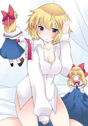 Rule 34 | 0 0, 1girl, alice margatroid, blonde hair, blue eyes, bottomless, bow, breasts, capelet, cleavage, doll, dress shirt, dressing, hair bow, hairband, unworn hairband, hammer (sunset beach), large breasts, long hair, mary janes, no pants, shanghai doll, shirt, shoes, short hair, skirt, skirt set, solo focus, touhou