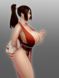 Rule 34 | 1girl, absurdres, areola slip, breasts, brown hair, fatal fury, from side, gradient background, grey background, highleg, highres, huge breasts, japanese clothes, looking to the side, materclaws, no bra, parted lips, pelvic curtain, ponytail, shiranui mai, smile, solo, standing, the king of fighters