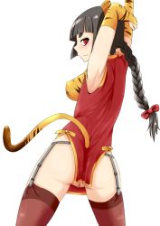 Rule 34 | 10s, 1girl, animal ears, animal print, armpits, arms up, black hair, black thighhighs, braid, cat ears, cat tail, china dress, chinese clothes, dress, etotama, female pubic hair, garter straps, long hair, looking back, no panties, pubic hair, pussy, red eyes, shima-tan, simple background, single braid, solo, tail, thighhighs, tiger print, uncensored, white background