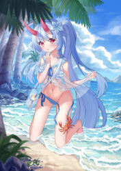 Rule 34 | 1girl, absurdres, bag, barefoot, beach, bikini, blue archive, blue hair, blue sky, blurry, blush, breasts, chise (blue archive), chise (swimsuit) (blue archive), cleavage, cloud, cloudy sky, coconut tree, commentary request, crab, depth of field, groin, hair between eyes, halo, hand to own mouth, handbag, highres, horns, in water, long hair, looking at viewer, medium breasts, mountainous horizon, navel, ocean, official alternate costume, oni, oni horns, palm tree, parted lips, peach (user vhwx3478), red eyes, sailor collar, see-through, see-through shirt, side-tie bikini bottom, side ponytail, sidelocks, sky, sleeveless, solo, solo focus, stomach, striped bikini, striped clothes, swimsuit, tree