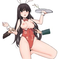 Rule 34 | 1girl, :o, alternate costume, animal ears, assisted exposure, bare legs, bare shoulders, black eyes, black hair, blunt bangs, blush, bow, bowtie, breasts, clothes pull, commentary, covered navel, cup, detached collar, drinking glass, highleg, highleg leotard, highres, holding, holding another&#039;s wrist, holding tray, houraisan kaguya, large breasts, leotard, leotard pull, long hair, miyo (ranthath), nipples, open mouth, playboy bunny, rabbit ears, rabbit tail, red bow, red bowtie, red leotard, simple background, solo focus, spilling, tail, touhou, tray, very long hair, white background, wrist cuffs