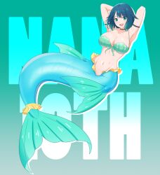 Rule 34 | 1girl, :d, absurdres, armpits, arms up, bikini, blue hair, blush, borrowed character, breasts, character name, cleavage, collarbone, commentary, english commentary, fins, fukami nana (awono nanaumi), full body, green background, green bikini, green eyes, hair flaps, highres, kiria021, large breasts, looking at viewer, mermaid, monster girl, navel, open mouth, original, simple background, smile, solo, swimsuit