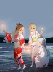 Rule 34 | 3girls, absurdres, aerldor, asymmetrical sidelocks, ayaka (genshin impact), barefoot, beach, blonde hair, blurry, clenched hands, depth of field, earrings, eyelashes, feet, female focus, fireworks, floral print, friends, full body, genshin impact, hair ornament, happy, heel up, highres, holding, holding fireworks, japanese clothes, jewelry, kimono, kneeling, long hair, long sleeves, looking at another, lumine (genshin impact), mihoyo, multicolored clothes, multicolored yukata, multiple girls, night, night sky, obi, ocean, open mouth, orange eyes, outdoors, parted bangs, ponytail, print yukata, sash, short hair with long locks, short ponytail, sidelocks, sky, sky print, smile, standing, summer, summer festival, toes, traditional clothes, unworn hair ornament, unworn headwear, white hair, wide sleeves, yoimiya (genshin impact), yukata