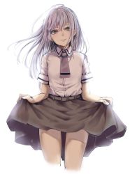 Rule 34 | 10s, ambiguous gender, aozora tsugumi, asobi asobase, belt, belt buckle, brown belt, brown neckwear, brown skirt, buckle, collared shirt, commentary request, funyariko, green eyes, head tilt, highres, long hair, looking at viewer, parted lips, school uniform, shirt, short sleeves, silver hair, simple background, skirt, skirt hold, smile, solo, standing, very long hair, white background, white shirt