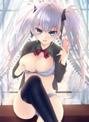 Rule 34 | 1girl, bad id, bad pixiv id, black thighhighs, blue bra, blue eyes, blue panties, bra, breasts, cellphone, hair ribbon, large breasts, leg lift, long hair, looking at viewer, myg, naughty face, open clothes, open mouth, open shirt, original, panties, phone, purple hair, ribbon, shirt, sitting, smile, solo, thighhighs, underwear