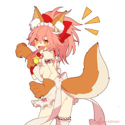 Rule 34 | 1girl, @ @, animal ear fluff, animal ears, animal hands, apron, ass, bell, blush, breasts, cat hair ornament, cat paws, collar, fang, fangs, fate/grand order, fate (series), fox ears, fox tail, gloves, hair ornament, hair ribbon, highres, jingle bell, kuro no suke (kurotu962kurotu), large breasts, long hair, looking at viewer, looking to the side, maid headdress, naked apron, neck bell, open mouth, paw gloves, pink hair, ponytail, red ribbon, ribbon, sideboob, simple background, solo, tail, tamamo (fate), tamamo cat (fate), tamamo cat (third ascension) (fate), white background, yellow eyes