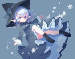 Rule 34 | 1girl, ankle boots, black dress, black footwear, black hat, blue background, blue eyes, blue hair, boots, breasts, commentary, commission, dress, earrings, english text, frilled skirt, frilled sleeves, frills, full body, hat, hat ribbon, indie virtual youtuber, jewelry, light smile, looking at viewer, medium breasts, necklace, outstretched arms, pointy ears, ribbon, short hair, simple background, skeb commission, skirt, skye (envtuber), snowflakes, solo, spread arms, virtual youtuber, witch, witch hat, yokoe (mealtime)
