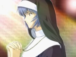 Rule 34 | 1girl, ayanami raising project, ayanami rei, blue hair, game cg, habit, jewelry, lens flare, necklace, neon genesis evangelion, nun, praying, red eyes, solo, traditional nun