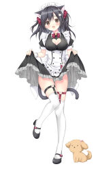 Rule 34 | 1girl, :d, absurdres, animal, animal ear fluff, animal ears, black dress, black footwear, black hair, blush, breasts, brown eyes, cat ears, cat girl, cat tail, cleavage, cleavage cutout, clothing cutout, commentary request, dog, dress, fang, full body, hair between eyes, head tilt, heart cutout, heart o-ring, high heels, highres, korie riko, long hair, looking at viewer, medium breasts, open mouth, original, over-kneehighs, puffy short sleeves, puffy sleeves, shoes, short sleeves, simple background, skirt hold, smile, solo, standing, standing on one leg, tail, thighhighs, white background, white thighhighs, wrist cuffs