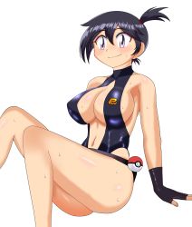 Rule 34 | 1girl, absurdres, ass, asymmetrical hair, bare shoulders, black hair, blush, breast slip, breasts, creatures (company), game freak, groin, gym leader, hair between eyes, highres, large breasts, looking at another, misty (pokemon), navel, nintendo, one-piece swimsuit, pokemon, pokemon: the electric tale of pikachu, ponytail, purple eyes, shiny skin, short hair, side ponytail, slingshot swimsuit, solo, swimsuit, wet