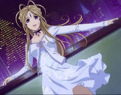 Rule 34 | 1girl, aa megami-sama, absurdres, artist request, belldandy, building, city, dress, dutch angle, facial mark, forehead mark, highres, jewelry, looking at viewer, nail polish, neck ribbon, night, official art, open mouth, outdoors, ribbon, ring, skyline, skyscraper, smile, solo