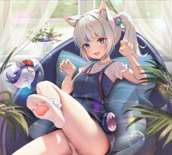 Rule 34 | 1girl, absurdres, animal ear fluff, animal ears, ass, bloop (gawr gura), blue dress, blue eyes, bobby socks, bubble, cameltoe, cat ears, claw pose, commentary, curtains, dress, frilled sleeves, frills, gawr gura, gawr gura (casual), highres, hololive, hololive english, indoors, leg up, looking at viewer, multicolored hair, open mouth, panties, panty peek, paw print soles, plant, po ppe, potted plant, sharp teeth, short sleeves, side ponytail, sidelocks, silver hair, sitting, smile, socks, soles, streaked hair, sweat, symbol-only commentary, teeth, underwear, virtual youtuber, white legwear, window