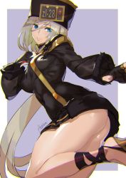 Rule 34 | 1girl, alternate color, artist name, ashiomi masato, ass, bare legs, belt, black gloves, blonde hair, blue eyes, blush, border, breasts, closed mouth, fingerless gloves, fur hat, gloves, guilty gear, guilty gear xrd, hair between eyes, hand on own chest, hat, high heels, leg up, license plate, long hair, long sleeves, looking at viewer, medium breasts, millia rage, purple background, simple background, smile, solo, underwear, ushanka, white border