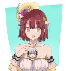 Rule 34 | + +, 2girls, :d, :o, atelier (series), atelier sophie, bad id, bad pixiv id, bare shoulders, beret, between breasts, blush, breasts, brown hair, chibi, collarbone, dress, female focus, green eyes, hair ornament, happy, hat, heart, jewelry, looking down, maromi (am97), mini person, minigirl, miniheart, multiple girls, neck, necklace, open mouth, orange eyes, pearl necklace, person between breasts, plachta, short hair, silver hair, size difference, smile, sophie neuenmuller, strapless, strapless dress, symbol-shaped pupils, upper body, white dress, yellow headwear, yuri