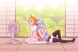 Rule 34 | 2girls, :o, ahoge, back-to-back, black legwear, black skirt, blue hair, blush, bow, breasts, bush, chestnut mouth, cleavage, closed eyes, commentary, commentary request, crunchyroll, day, electric fan, fanning face, food, from side, full body, grey shirt, hair bow, hand fan, hatsune miku, highres, hime (crunchyroll), holding, hot, indoors, leaning on person, leg up, long hair, miniskirt, multicolored hair, multiple girls, no pupils, no shoes, nose blush, open mouth, orange hair, orange shorts, popsicle, round teeth, shari cote, shirt, short sleeves, shorts, skirt, small breasts, socks, streaked hair, summer, sunlight, teeth, thighhighs, twintails, v arms, very long hair, vocaloid, white bow, white legwear, white shirt, zettai ryouiki