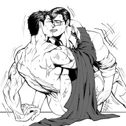 Rule 34 | 2boys, anal, ass, back, bara, batman (series), blush, bruce wayne, clark kent, closed eyes, collared shirt, couple, dc comics, french kiss, glasses, greyscale, highres, holding another&#039;s leg, holding hands, kiss, large pectorals, male focus, male penetrated, mature male, monochrome, multiple boys, muscular, muscular male, nude, pectorals, scar, scar on arm, scar on back, sex, shirt, short hair, superman (series), tongue, tongue out, unworn shirt, yaoi, yooko