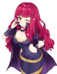 Rule 34 | 1girl, ;), absurdres, belt, blush, breasts, cape, choker, cleavage, commentary request, covered navel, cowboy shot, facial mark, fire emblem, fire emblem engage, hand up, highres, large breasts, long hair, looking at viewer, nintendo, one eye closed, purple cape, purple choker, purple hair, red eyes, short sleeves, simple background, smile, solo, sshyeok, standing, star (symbol), thighs, very long hair, white background, yellow belt, yunaka (fire emblem)