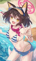 Rule 34 | 1girl, absurdres, animal ear fluff, animal ears, armpit crease, bare shoulders, bikini, black hair, blue archive, blue bikini, commentary request, denim, denim shorts, fang, fox ears, fox girl, fox shadow puppet, fox tail, grey shorts, halo, highres, izuna (blue archive), izuna (swimsuit) (blue archive), lamune otohara, navel, official alternate costume, open mouth, outdoors, pink halo, red scarf, scarf, short hair, shorts, skin fang, smile, solo, stomach, swimsuit, tail, white bikini, yellow eyes