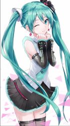 Rule 34 | 1girl, aqua eyes, aqua hair, aqua necktie, bare shoulders, black skirt, black sleeves, black thighhighs, blouse, blurry, blurry background, bow, commentary, cowboy shot, detached sleeves, earrings, hair bow, hair ornament, hands on own chin, hatsune miku, hatsune miku (vocaloid4), highres, itogari, jewelry, long hair, looking at viewer, miniskirt, more more jump! miku, necktie, one eye closed, own hands together, pleated skirt, project sekai, see-through, see-through legwear, shirt, skirt, sleeveless, sleeveless shirt, solo, thighhighs, triangle, twintails, v4x, very long hair, vocaloid, white background, white shirt, zettai ryouiki