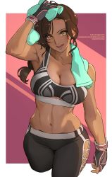 Rule 34 | 1girl, :d, ameno tetsuo, armpits, bare shoulders, black pants, breasts, brown hair, cleavage, collarbone, commentary request, dark-skinned female, dark skin, fingerless gloves, fitness boxing, gloves, hand on own head, highres, large breasts, laura (fitness boxing), long hair, looking at viewer, low-tied long hair, midriff, navel, nintendo, nintendo switch, open mouth, pants, smile, solo, sports bra, stomach, striped, striped background, sweat, sweatdrop, toned, towel, towel around neck, yellow eyes