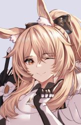 Rule 34 | 1girl, ;), animal ear fluff, animal ears, arknights, arm guards, armor, bad id, bad twitter id, black bow, black gloves, blemishine (arknights), blonde hair, bow, brown eyes, closed mouth, gloves, grey background, hair bow, high ponytail, highres, horse ears, index finger raised, long hair, looking at viewer, one eye closed, penguin4, sidelocks, simple background, smile, solo, upper body