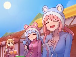 Rule 34 | 3girls, :|, = =, ahoge, blonde hair, blue coat, blue hair, blue sky, braid, breasts, cleavage, closed eyes, closed mouth, coat, collarbone, commentary, cup, day, drinking glass, earrings, english commentary, fang, food, french braid, fur-trimmed headwear, fur trim, green eyes, hat, hat with ears, holding, holding tray, hot, house, jewelry, juice, long hair, long sleeves, low twintails, medium breasts, miriam (rabi ribi), multiple girls, nieve (rabi ribi), nixie (rabi ribi), open clothes, open coat, open mouth, outdoors, pink coat, pink hair, pitcher (container), popsicle, pyramid (structure), rabi-ribi, sky, smile, speckticuls, sun, sweat, tray, twintails, wide sleeves