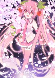 Rule 34 | 1girl, :d, absurdres, ahoge, boots, cherry blossoms, cherry hair ornament, collared shirt, commentary, detached sleeves, flower, food-themed hair ornament, full body, hair between eyes, hair ornament, hatsune miku, highres, long hair, necktie, open mouth, petals, pink eyes, pink flower, pink footwear, pink hair, pink necktie, pink skirt, pink thighhighs, pleated skirt, sakura miku, shirt, skirt, sleeveless, sleeveless shirt, smile, solo, symbol-only commentary, thigh boots, thighhighs, twintails, very long hair, vocaloid, walking, white shirt, wing collar, yoshiki, zettai ryouiki