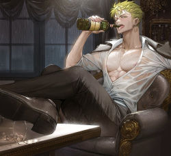 Rule 34 | 1boy, armchair, bare pectorals, black footwear, black pants, bottle, chair, collared shirt, crossed legs, cup, drinking glass, earrings, feet on table, green eyes, green hair, holding, holding bottle, ice, ice cube, indoors, jacket, jacket on shoulders, jewelry, looking at viewer, male focus, multiple earrings, nipple slip, nipples, one eye closed, one piece, open mouth, pants, pectoral cleavage, pectorals, pouring, pouring onto self, rain, roronoa zoro, runa (nori31291404), scar, scar on chest, see-through, shirt, shoe soles, short hair, sitting, solo, spill, spilling, table, toned, toned male, tongue, wet, wet clothes, wet shirt, white shirt, window