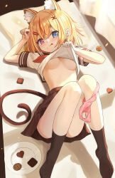 Rule 34 | 1girl, :q, absurdres, animal ear fluff, animal ears, ass, bed sheet, black skirt, black socks, blonde hair, breasts, cat ears, cat girl, cat tail, chocolate chip cookie, clothes lift, commentary request, cookie, cpk prd, curtains, extra ears, food, food on face, hair between eyes, hair ornament, hairclip, heterochromia, highres, kneehighs, knees together feet apart, knees up, lifting own clothes, looking at viewer, lying, medium breasts, medium hair, midriff, multicolored hair, no panties, on back, on bed, original, panties, paw pose, pillow, pink panties, plate, pleated skirt, school uniform, serafuku, shirt lift, short sleeves, sidelocks, skirt, socks, solo, streaked hair, tail, thick eyebrows, tongue, tongue out, two-tone hair, underboob, underwear, unworn panties, white serafuku, x hair ornament