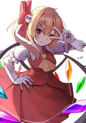 Rule 34 | 1girl, absurdres, ascot, blonde hair, crystal wings, dress, flandre scarlet, gloves, hair ornament, hair ribbon, highres, looking at viewer, medium hair, one eye closed, puffy short sleeves, puffy sleeves, red dress, red ribbon, ribbon, short sleeves, side ponytail, simple background, skull hair ornament, smile, solo, touhou, white background, white gloves, yellow ascot, ylong