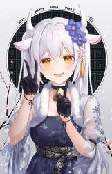 Rule 34 | 1girl, 2021, :d, absurdres, animal ears, bell, black gloves, blue dress, blue flower, cherry blossoms, collar, cow ears, cow girl, cow horns, crossed bangs, dated, dated commentary, dress, floral print, flower, fur trim, gloves, grey background, hair flower, hair ornament, half gloves, hanbok, happy new year, highres, horns, korean clothes, long hair, long sleeves, looking at viewer, neck bell, new year, open mouth, patterned background, pointing, pointing up, silver hair, smile, solo, ssalgolae, teeth, traditional clothes, twintails, upper body, upper teeth only, v, yellow eyes