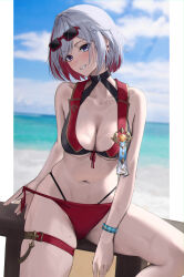 Rule 34 | 1girl, absurdres, alternate costume, bakemonsou, bare arms, bare shoulders, beach, bikini, blue eyes, blurry, blurry background, blush, breasts, cleavage, collarbone, colored inner hair, day, earrings, eyewear on head, grey hair, highres, honkai: star rail, honkai (series), jewelry, large breasts, looking at viewer, mole, mole on thigh, multicolored hair, navel, ocean, outdoors, paid reward available, red hair, short hair, skindentation, smile, stomach, strap pull, sunglasses, swimsuit, thigh strap, thighs, topaz (honkai: star rail), two-tone hair, underboob, wet