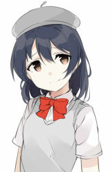 Rule 34 | 1girl, alternate hair length, alternate hairstyle, bad id, bad pixiv id, beret, blue hair, bow, bowtie, closed mouth, commentary request, grey vest, hair between eyes, hat, looking at viewer, love live!, love live! school idol project, red bow, red bowtie, short sleeves, simple background, smile, solo, sonoda umi, standing, totoki86, upper body, vest, white background, yellow eyes