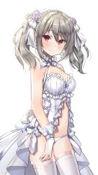 Rule 34 | 1girl, adapted costume, babydoll, bad id, bad pixiv id, bare shoulders, blush, breasts, bridal gauntlets, cleavage, earrings, goyain, hair between eyes, highres, idolmaster, idolmaster cinderella girls, idolmaster cinderella girls starlight stage, jewelry, kanzaki ranko, lace, lace-trimmed legwear, lace-trimmed panties, lace trim, lingerie, long hair, looking at viewer, medium breasts, navel, panties, silver hair, simple background, smile, solo, sparkle, thighhighs, thighs, twintails, underwear, white background, white panties, white thighhighs