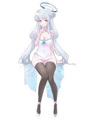 Rule 34 | 1girl, absurdres, alternate costume, alternate hairstyle, ash (cat7evy), bare shoulders, black thighhighs, blue archive, blush, breasts, cleavage, closed mouth, covered navel, double bun, dress, finger to mouth, grey hair, groin, hair bun, halo, hand up, highres, invisible chair, large breasts, long hair, looking at viewer, noa (blue archive), panties, purple eyes, short dress, shushing, simple background, sitting, sleeveless, sleeveless dress, solo, strappy heels, string panties, thighhighs, underwear, white background, white dress, white footwear
