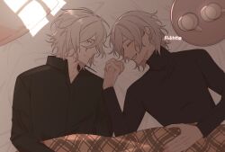 Rule 34 | 2boys, :d, antonio salieri (fate), antonio salieri (second ascension) (fate), black shirt, blanket, blush, casual, closed eyes, closed mouth, collared shirt, cross-shaped pupils, cup, edmond dantes (fate), fate/grand order, fate (series), from above, grey hair, happy, highres, holding hands, long sleeves, looking at another, lying, male focus, mug, multiple boys, on back, open collar, open mouth, pillow, shirt, short hair, smile, sumi (gfgf 045), symbol-shaped pupils, tray, turtleneck, under covers, upper body, white hair, wing collar, yellow eyes