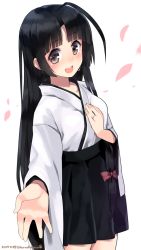 Rule 34 | 10s, 1girl, :d, ahoge, black hair, japanese clothes, jewelry, kantai collection, kuro chairo no neko, long hair, md5 mismatch, open mouth, outstretched hand, resized, ring, shouhou (kancolle), simple background, smile, solo, very long hair, wedding band