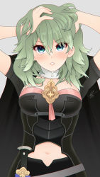 Rule 34 | 1girl, armor, arms up, byleth (female) (fire emblem), byleth (fire emblem), cape, clothing cutout, dagger, fire emblem, fire emblem: three houses, green eyes, green hair, hands in hair, highres, knife, louis lloyd-judson, medium hair, navel, navel cutout, nintendo, sheath, sheathed, simple background, solo, upper body, weapon