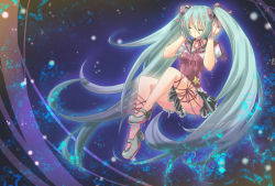 Rule 34 | 1girl, ankle lace-up, aqua hair, bad id, bad pixiv id, breasts, closed eyes, cross-laced footwear, female focus, full body, gradient background, hair ribbon, hatsune miku, highres, leg ribbon, legs, long hair, ribbon, shoes, skirt, solo, takamiya ren, thigh ribbon, twintails, very long hair, vocaloid