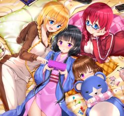 Rule 34 | 4girls, :d, :o, amano miu, animal hood, arm support, bag, bear hood, black hair, blend s, blonde hair, blue-framed eyewear, blue eyes, blunt bangs, blush, braid, breasts, brown hair, candy, closed mouth, collarbone, commentary request, cosmetics, covered mouth, food, glasses, hair between eyes, hair ribbon, hand on another&#039;s shoulder, handbag, handheld game console, haori, head rest, highres, hinata kaho, holding, hood, hood down, hoodie, hoshikawa mafuyu, hugging object, jacket, japanese clothes, kimono, large breasts, lollipop, long hair, long sleeves, low twintails, lying, medium breasts, multiple girls, nose blush, notebook, on back, on side, on stomach, one eye closed, open mouth, oversized object, pants, parted lips, pillow, pink kimono, pink ribbon, plaid pillow, plate, playing games, pointing, polka dot pillow, purple eyes, red hair, red jacket, ribbon, sakuranomiya maika, semi-rimless eyewear, shirt, small breasts, smile, star (symbol), striped clothes, striped shirt, stuffed animal, stuffed toy, sweets, swordsouls, teddy bear, track jacket, twin braids, twintails, under-rim eyewear, very long hair, white shirt, wide sleeves