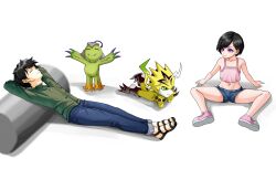 Rule 34 | 1boy, 1girl, alraumon, closed eyes, digimon, green eyes, looking at another, pulsemon, short shorts, shorts, spread legs