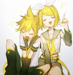 Rule 34 | 1boy, 1girl, ascot, bass clef, beamed sixteenth notes, belt, between legs, blonde hair, blush, bow, brother and sister, closed mouth, collarbone, crop top, detached sleeves, eighth note, hair bow, hair ornament, hairclip, hand between legs, highres, index finger raised, kagamine len, kagamine rin, leg warmers, music, musical note, necktie, number tattoo, open mouth, pogpa47985618, quarter note, sailor collar, shirt, shorts, shoulder tattoo, siblings, singing, sitting, sketch, sleeveless, sleeveless shirt, spoken musical note, tattoo, treble clef, twins, vocaloid