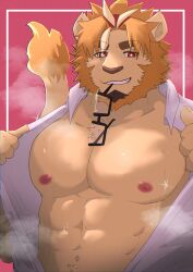 Rule 34 | 1boy, abs, absurdres, animal ears, bara, bare pectorals, dotsu (wtnbkwiyd), eyewear in mouth, facial hair, furry, furry male, goatee, highres, indie virtual youtuber, kinji ninomiya, lion boy, lion ears, lion mane, lion tail, looking at viewer, male focus, mouth hold, partially undressed, pectorals, pink background, red eyes, sparkle, tail, undressing
