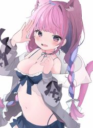 Rule 34 | 1girl, alternate costume, animal ears, braid, breasts, cat ears, cleavage, commentary, fang, highres, hololive, medium breasts, minato aqua, multicolored hair, navel, nocchi (r ws2l), off shoulder, pink eyes, pink hair, skin fang, solo, streaked hair, twin braids, virtual youtuber