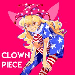 Rule 34 | 1girl, american flag dress, american flag legwear, blonde hair, breasts, character name, clownpiece, english text, fairy wings, feet out of frame, hair between eyes, hands on own legs, hat, jester cap, leaning forward, long hair, mindoll, neck ruff, one-hour drawing challenge, open mouth, pantyhose, pink background, pink hat, polka dot, red eyes, sharp teeth, short sleeves, simple background, small breasts, solo, teeth, touhou, wings
