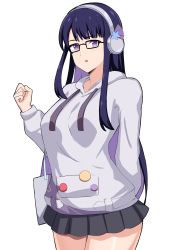 Rule 34 | 1girl, bag, black skirt, blunt bangs, blush, casual, commentary request, contemporary, cowboy shot, genshin impact, glasses, hall onon, headphones, highres, hood, hoodie, long hair, long sleeves, looking at viewer, miniskirt, parted lips, purple hair, raiden shogun, raiden shogun (2nd anniversary), simple background, skirt, solo, standing, thighs, white background, white hoodie