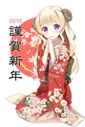 Rule 34 | 10s, 1girl, 2015, :d, blonde hair, blush, hair intakes, horns, hyuuga azuri, japanese clothes, kimono, long hair, new year, open mouth, original, own hands together, purple eyes, scarf, sheep horns, smile, solo